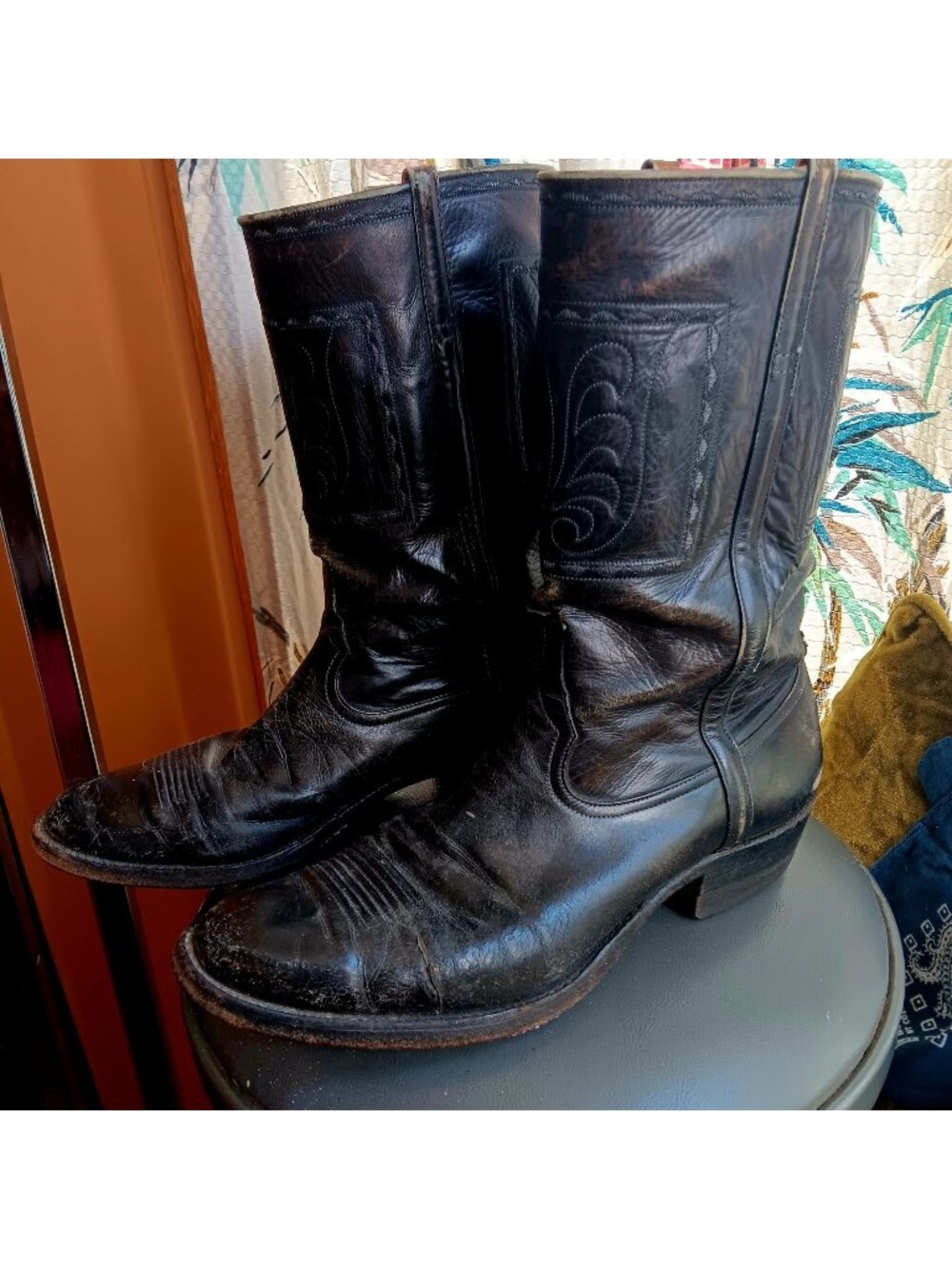 10D Vintage Handmade 1960's Black Leather Cowboy Boots Men’s 10 D USA